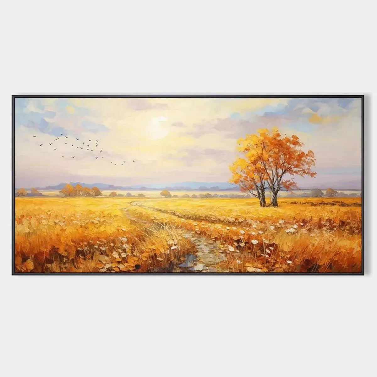 GOLDEN HARVEST: Landscape Painting of a Golden Field at Sunset | hanging in living room, Landscape wall art