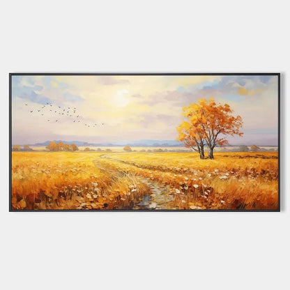 GOLDEN HARVEST: Landscape Painting of a Golden Field at Sunset | hanging in living room, Landscape wall art