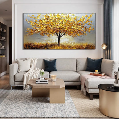 GOLDEN HARVEST: Textured Impasto Golden Tree Oil Painting | Figurative closeup, raised brushwork detail