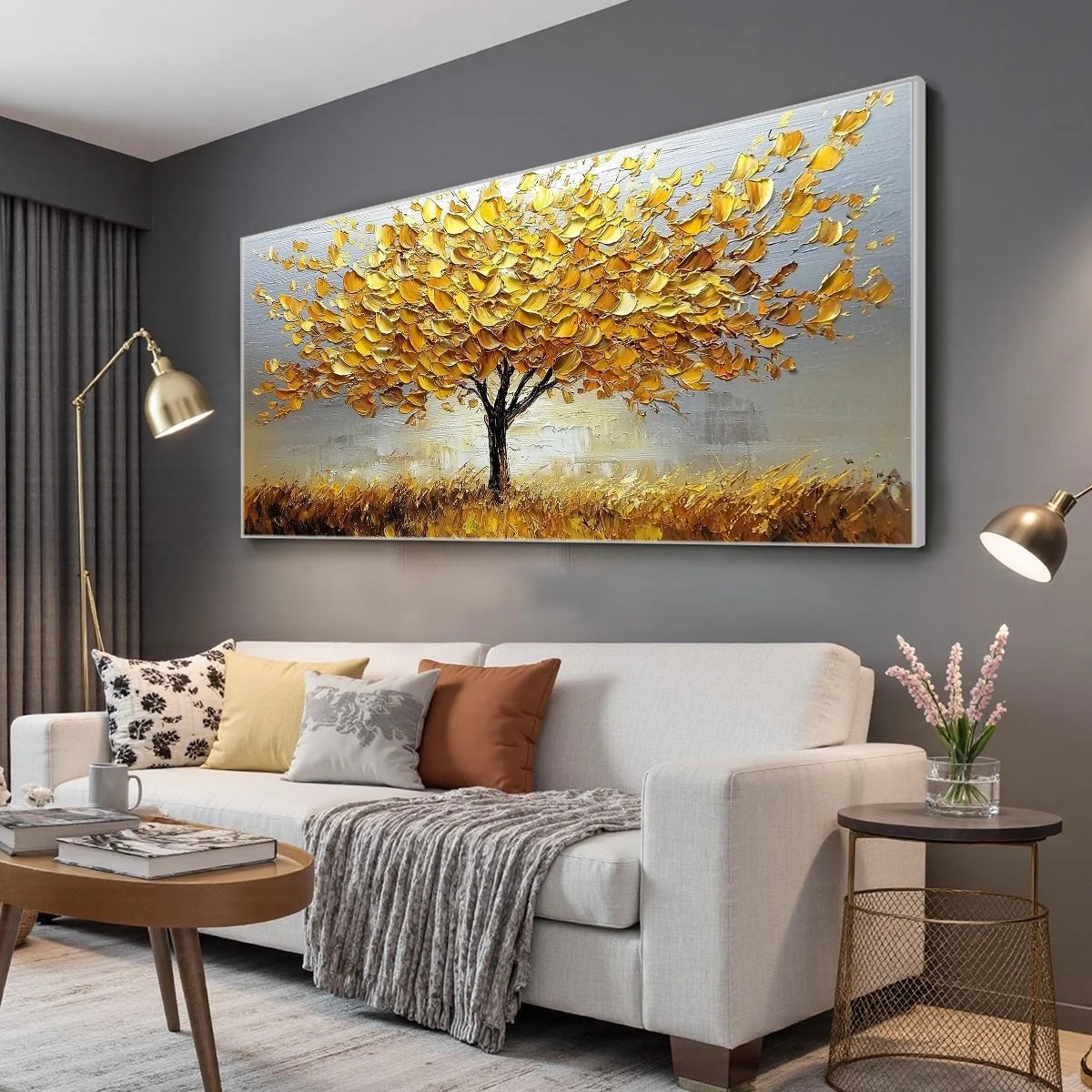 GOLDEN HARVEST: Textured Impasto Golden Tree Oil Painting | gold frame stretched on neutral wall