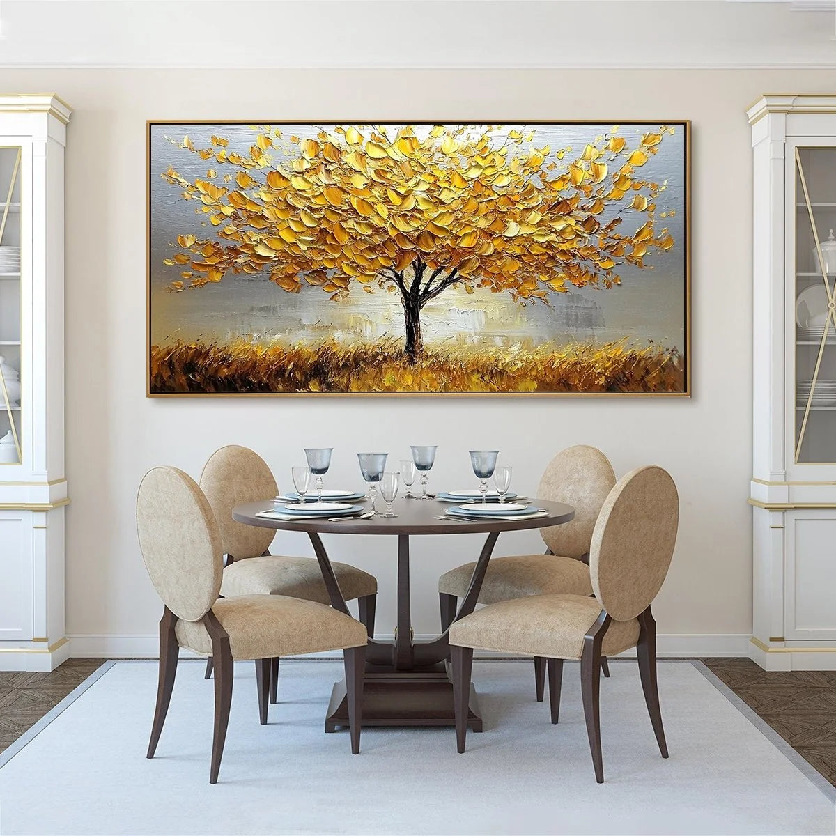 GOLDEN HARVEST: Textured Impasto Golden Tree Oil Painting | black frame version on white wall