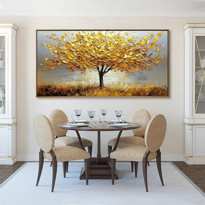 GOLDEN HARVEST: Textured Impasto Golden Tree Oil Painting | black frame version on white wall