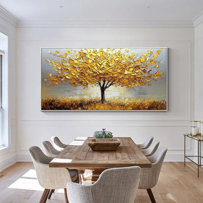 GOLDEN HARVEST: Textured Impasto Golden Tree Oil Painting | Figurative mood, soft natural light studio shot