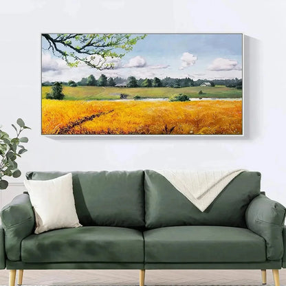 GOLDEN HARVEST: Tranquil Landscape Painting of a Golden Field | Landscape closeup, raised brushwork detail