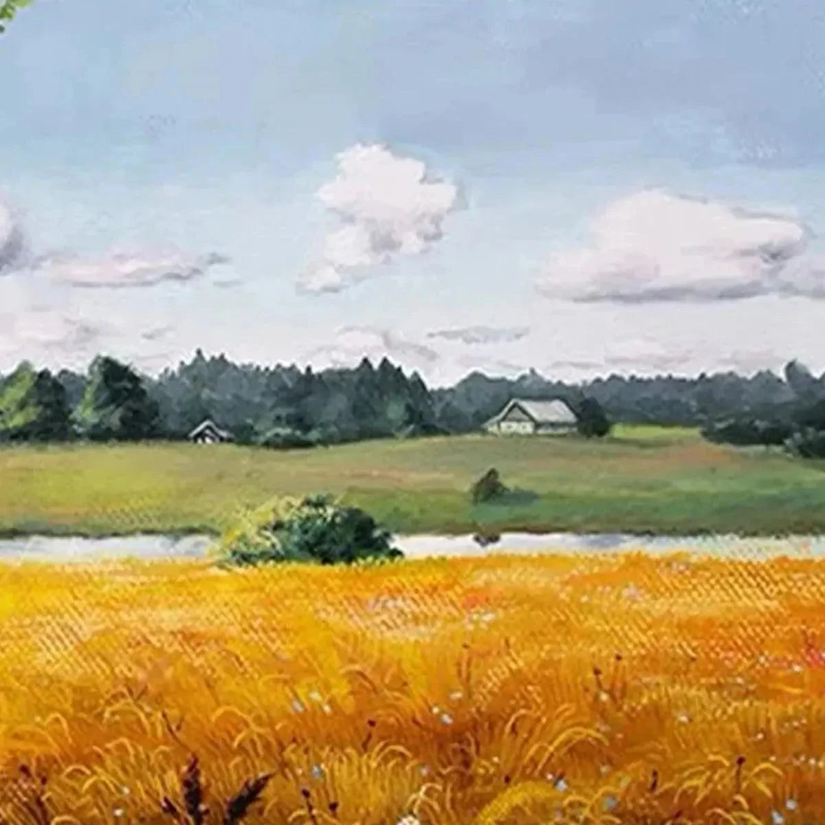 GOLDEN HARVEST: Tranquil Landscape Painting of a Golden Field | rectangular format, hand-painted canvas edge