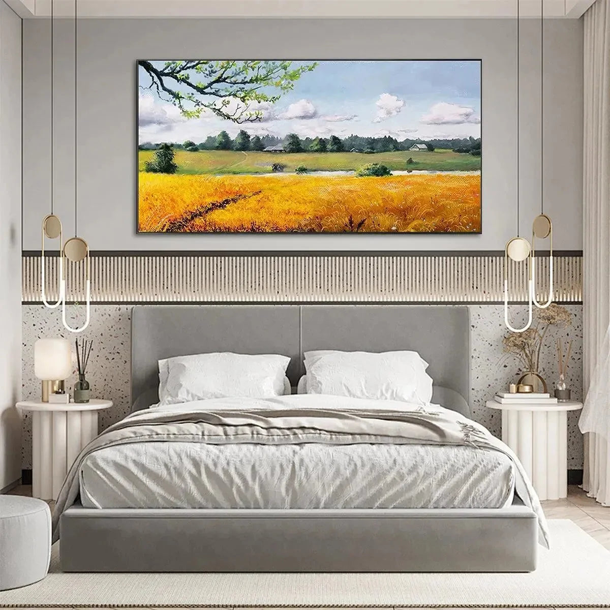 GOLDEN HARVEST: Tranquil Landscape Painting of a Golden Field | gold frame stretched on neutral wall