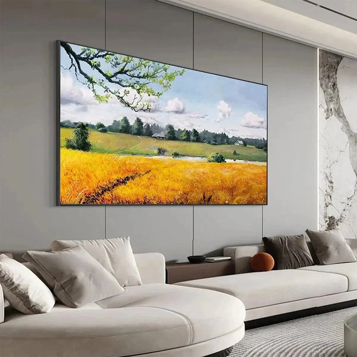 GOLDEN HARVEST: Tranquil Landscape Painting of a Golden Field | rolled canvas, ready for custom framing