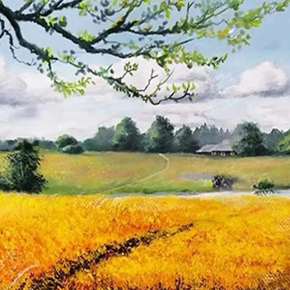 GOLDEN HARVEST: Tranquil Landscape Painting of a Golden Field | black frame version on white wall