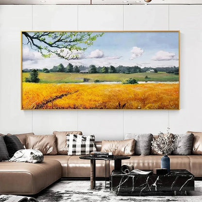 GOLDEN HARVEST: Tranquil Landscape Painting of a Golden Field | yellow palette, original oil on stretched canvas art