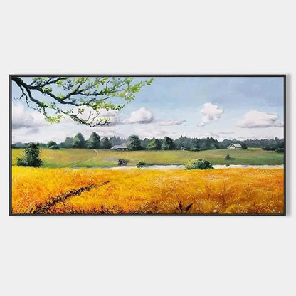 GOLDEN HARVEST: Tranquil Landscape Painting of a Golden Field | hanging in living room, Landscape wall art
