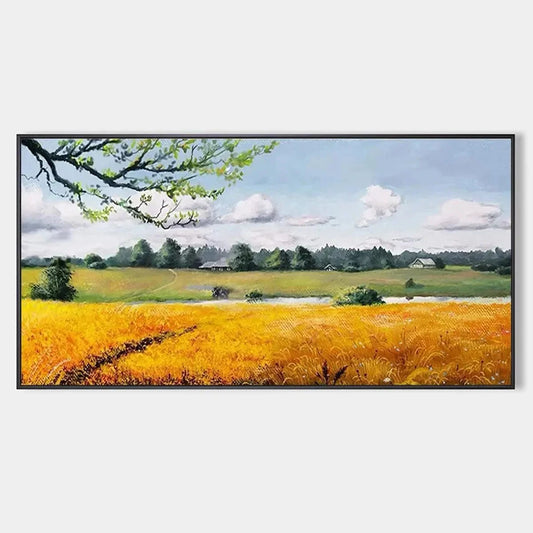 GOLDEN HARVEST: Tranquil Landscape Painting of a Golden Field | hanging in living room, Landscape wall art