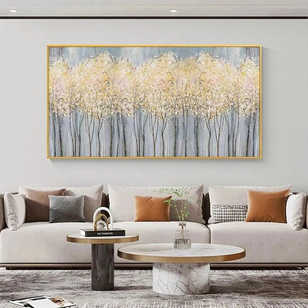 GOLDEN HAZE: Panoramic Landscape Painting, Textured Trees | Landscape closeup, raised brushwork detail