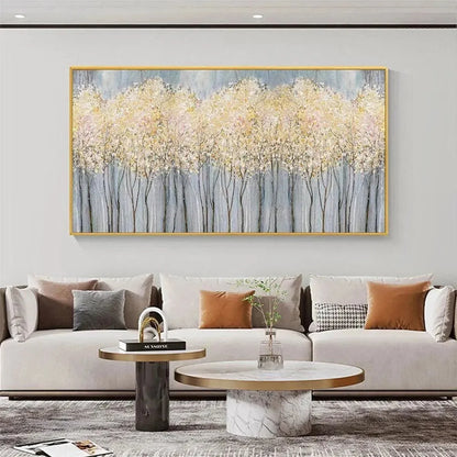 GOLDEN HAZE: Panoramic Landscape Painting, Textured Trees | Landscape closeup, raised brushwork detail