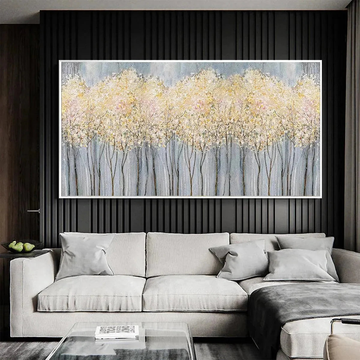 GOLDEN HAZE: Panoramic Landscape Painting, Textured Trees | rectangular format, hand-painted canvas edge