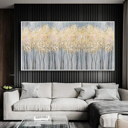 GOLDEN HAZE: Panoramic Landscape Painting, Textured Trees | rectangular format, hand-painted canvas edge