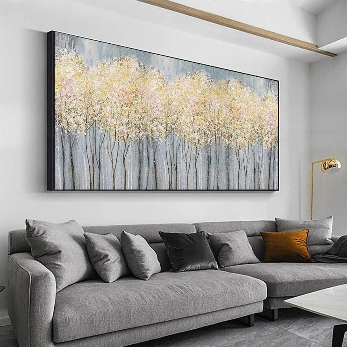 GOLDEN HAZE: Panoramic Landscape Painting, Textured Trees | gold frame stretched on neutral wall