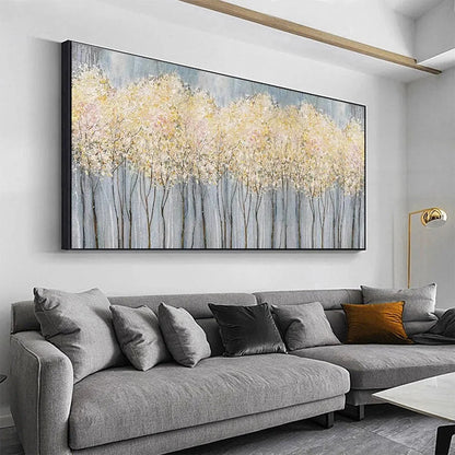 GOLDEN HAZE: Panoramic Landscape Painting, Textured Trees | gold frame stretched on neutral wall