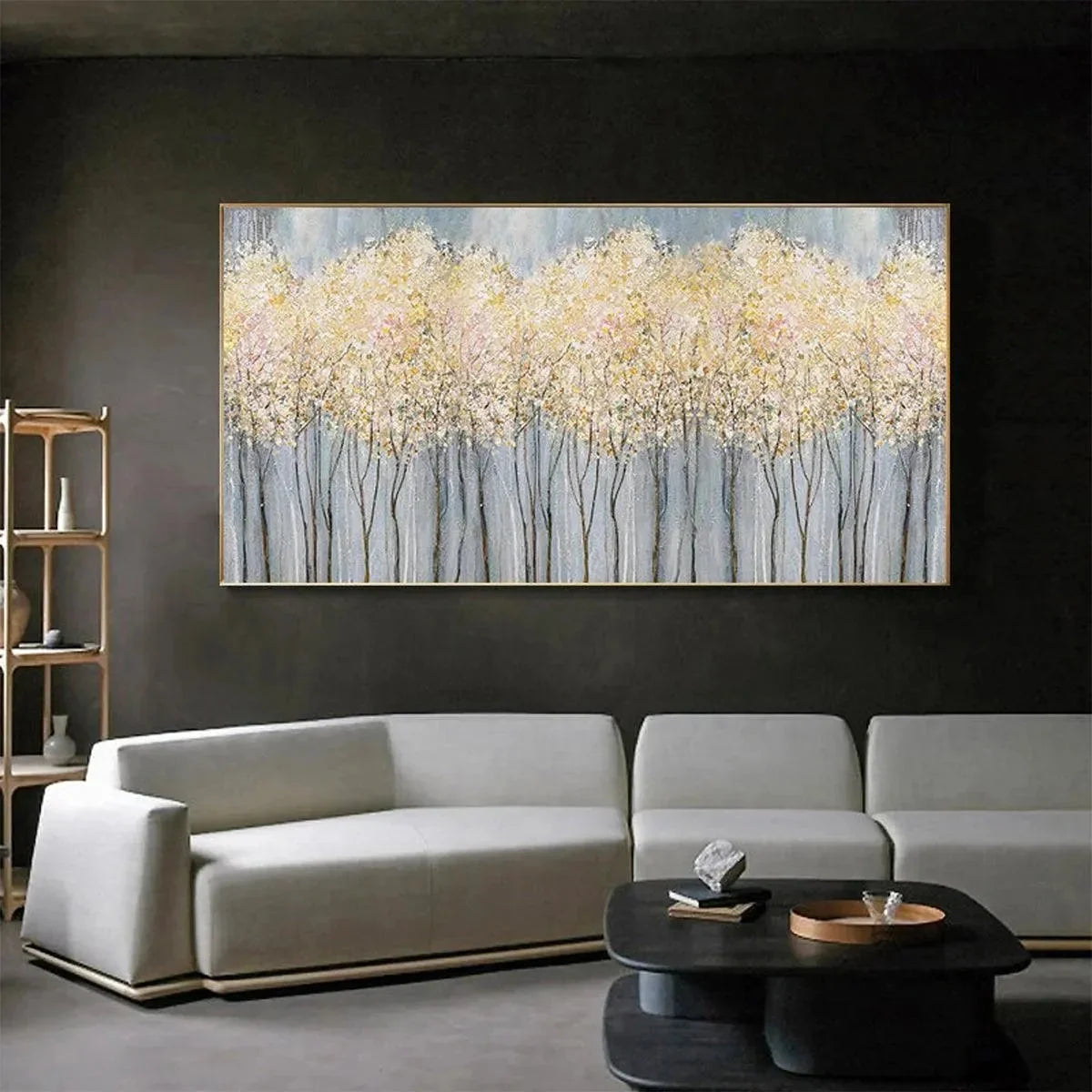GOLDEN HAZE: Panoramic Landscape Painting, Textured Trees | rolled canvas, ready for custom framing
