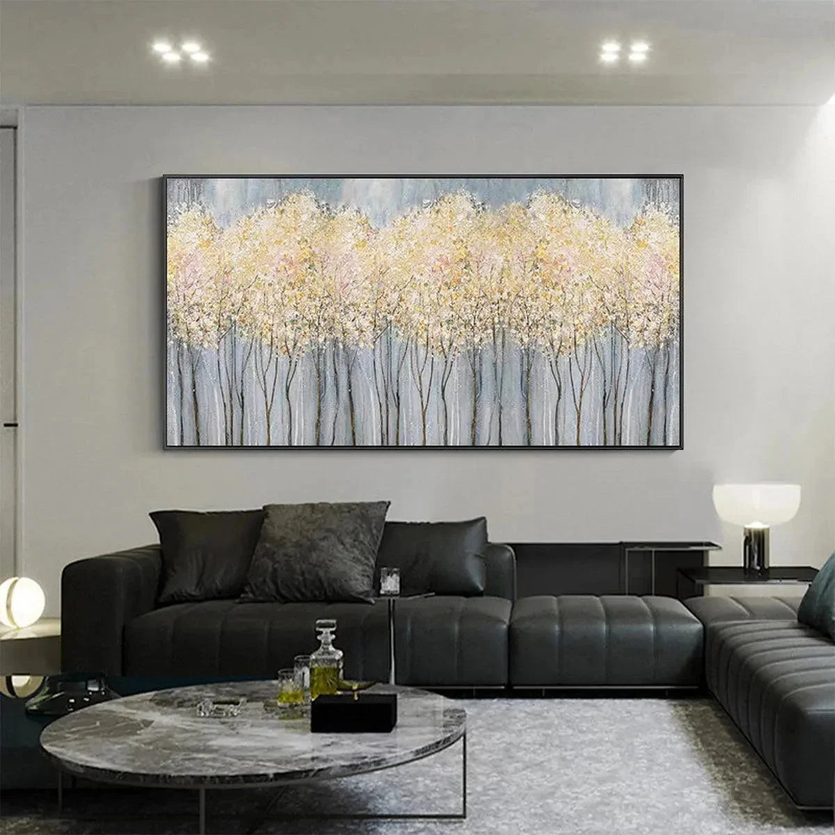 GOLDEN HAZE: Panoramic Landscape Painting, Textured Trees | black frame version on white wall