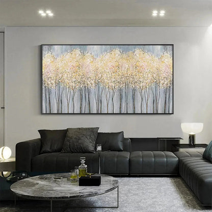 GOLDEN HAZE: Panoramic Landscape Painting, Textured Trees | black frame version on white wall