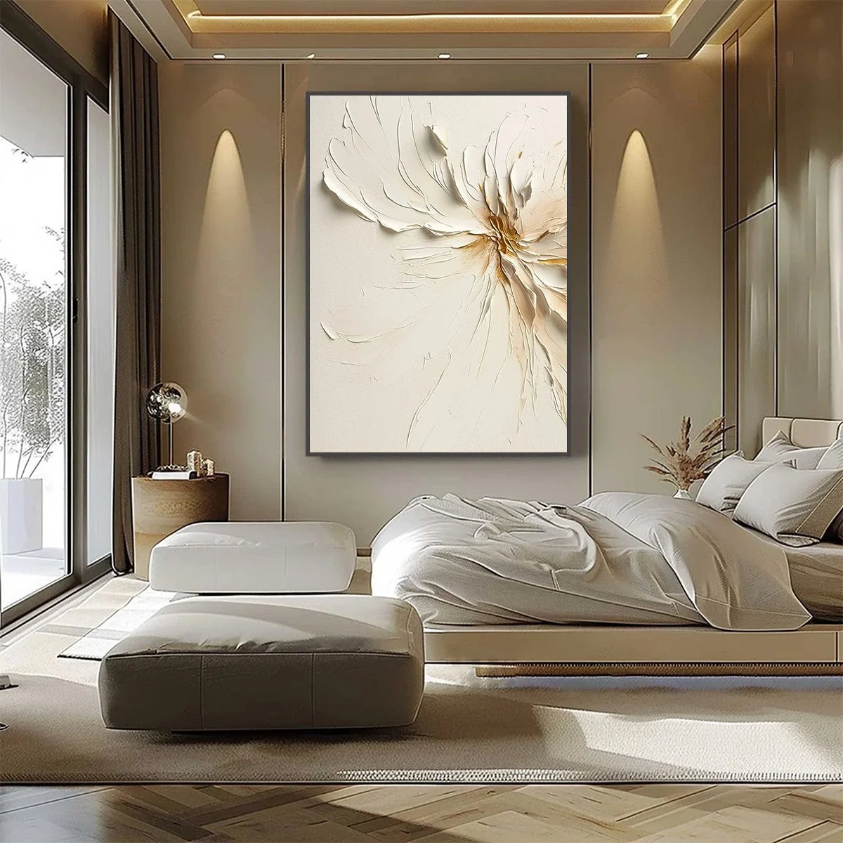 GOLDEN HEART: Textured Impasto Abstract Floral Painting | gold frame stretched on neutral wall