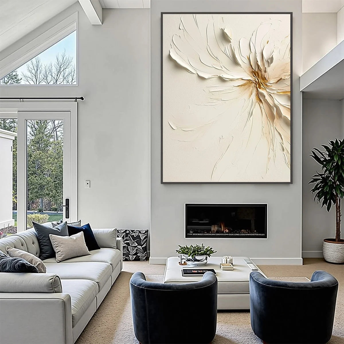 GOLDEN HEART: Textured Impasto Abstract Floral Painting | black frame version on white wall