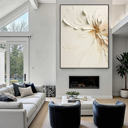 GOLDEN HEART: Textured Impasto Abstract Floral Painting | black frame version on white wall
