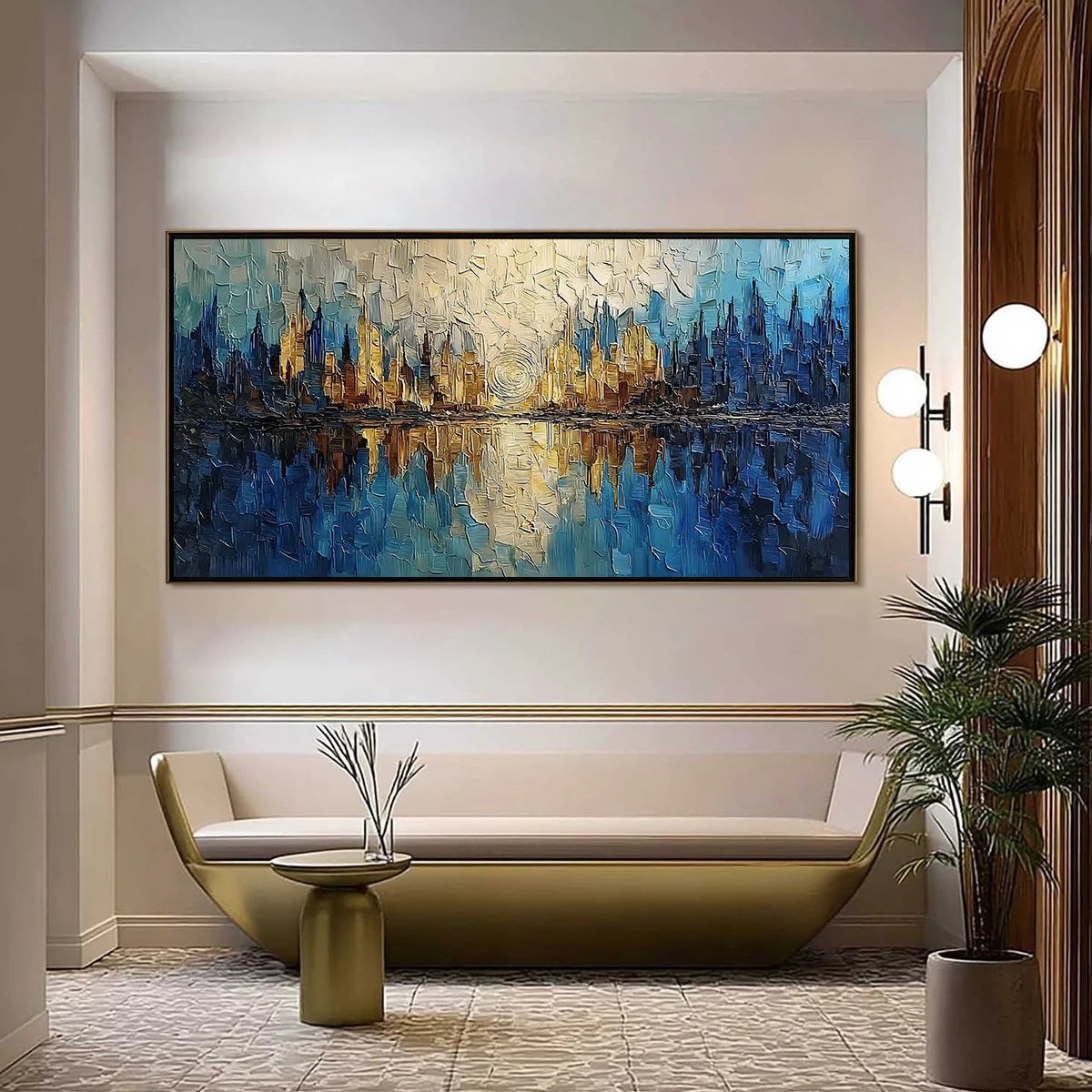Golden Horizon Abstract Cityscape Textured Oil Painting Wall Art | Abstract closeup, raised brushwork detail