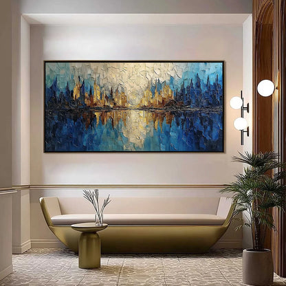 Golden Horizon Abstract Cityscape Textured Oil Painting Wall Art | Abstract closeup, raised brushwork detail