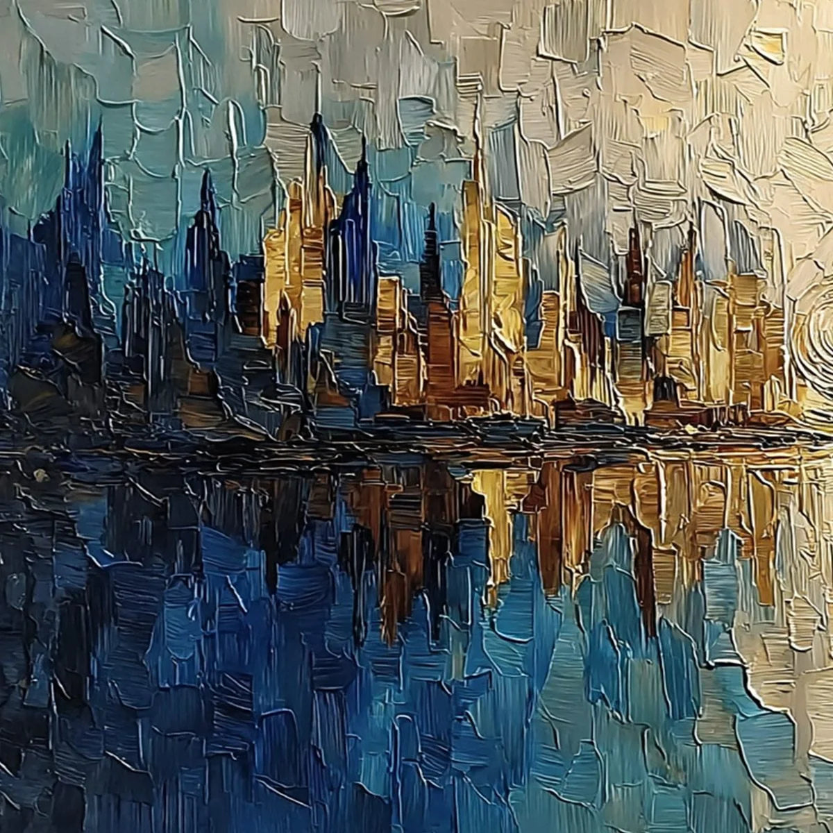Golden Horizon Abstract Cityscape Textured Oil Painting Wall Art | rectangular format, hand-painted canvas edge