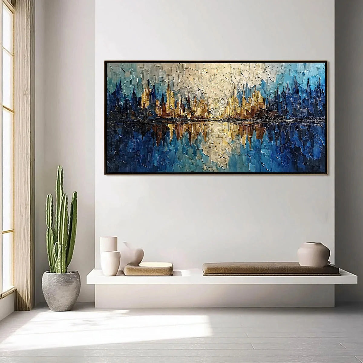 Golden Horizon Abstract Cityscape Textured Oil Painting Wall Art | gold frame stretched on neutral wall