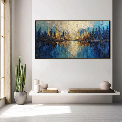 Golden Horizon Abstract Cityscape Textured Oil Painting Wall Art | gold frame stretched on neutral wall
