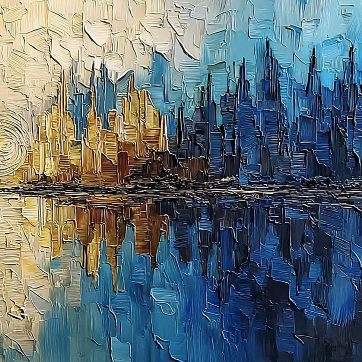 Golden Horizon Abstract Cityscape Textured Oil Painting Wall Art | rolled canvas, ready for custom framing