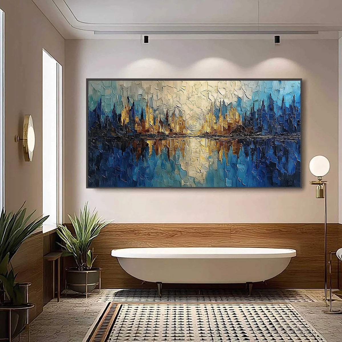 Golden Horizon Abstract Cityscape Textured Oil Painting Wall Art | black frame version on white wall