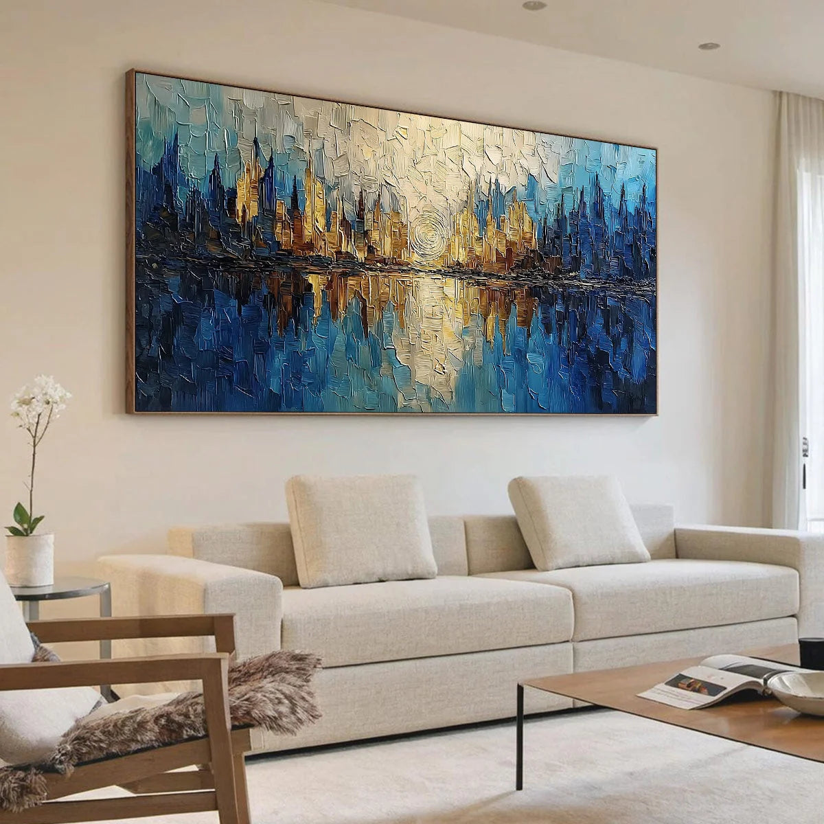Golden Horizon Abstract Cityscape Textured Oil Painting Wall Art | Abstract mood, soft natural light studio shot