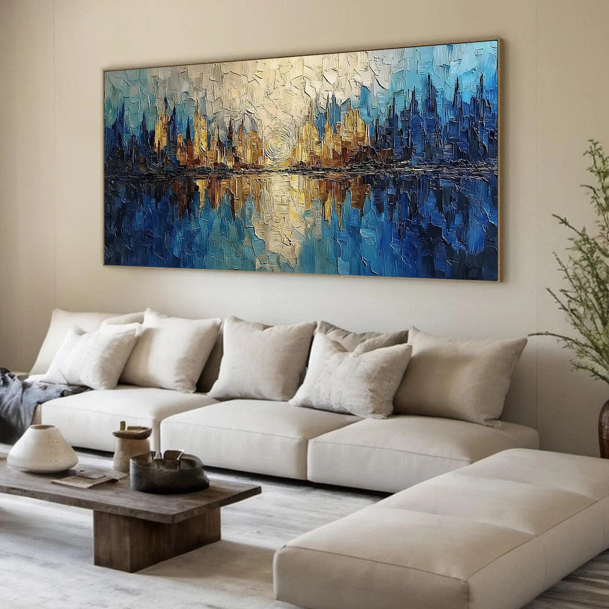 Golden Horizon Abstract Cityscape Textured Oil Painting Wall Art | yellow palette, original oil on stretched canvas art