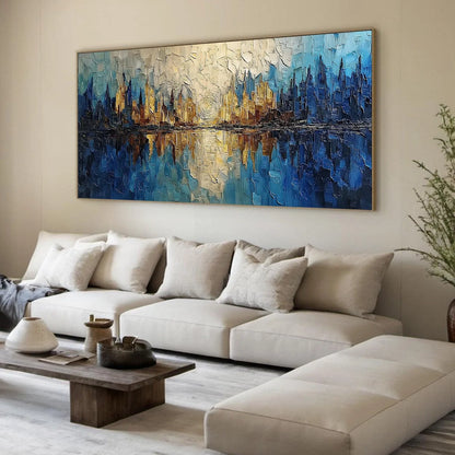 Golden Horizon Abstract Cityscape Textured Oil Painting Wall Art | yellow palette, original oil on stretched canvas art