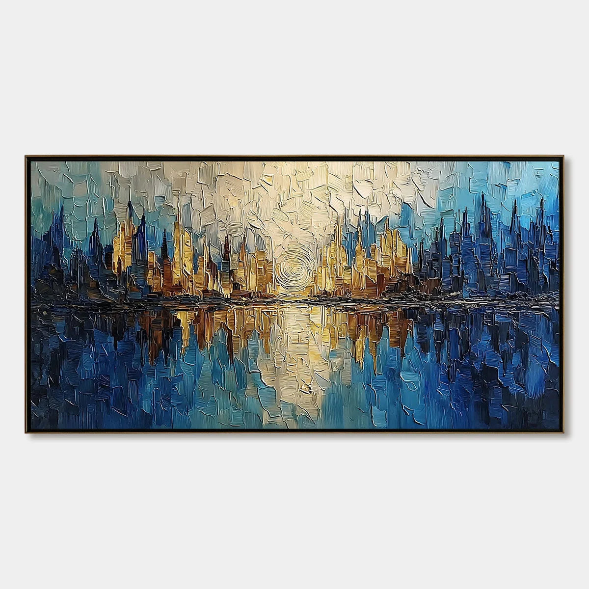 Golden Horizon Abstract Cityscape Textured Oil Painting Wall Art | hanging in living room, Abstract wall art