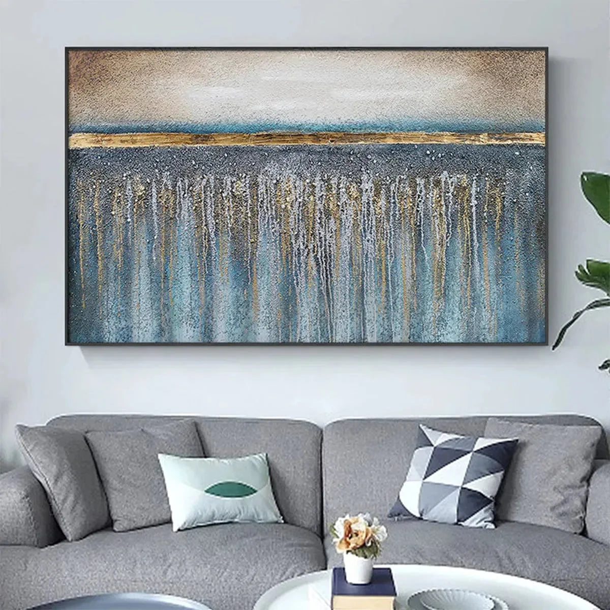 GOLDEN HORIZON: Panoramic Abstract Oil Painting with Gold and Blue | Abstract closeup, raised brushwork detail