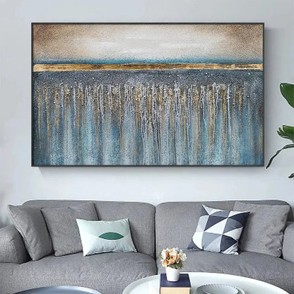 GOLDEN HORIZON: Panoramic Abstract Oil Painting with Gold and Blue | Abstract closeup, raised brushwork detail