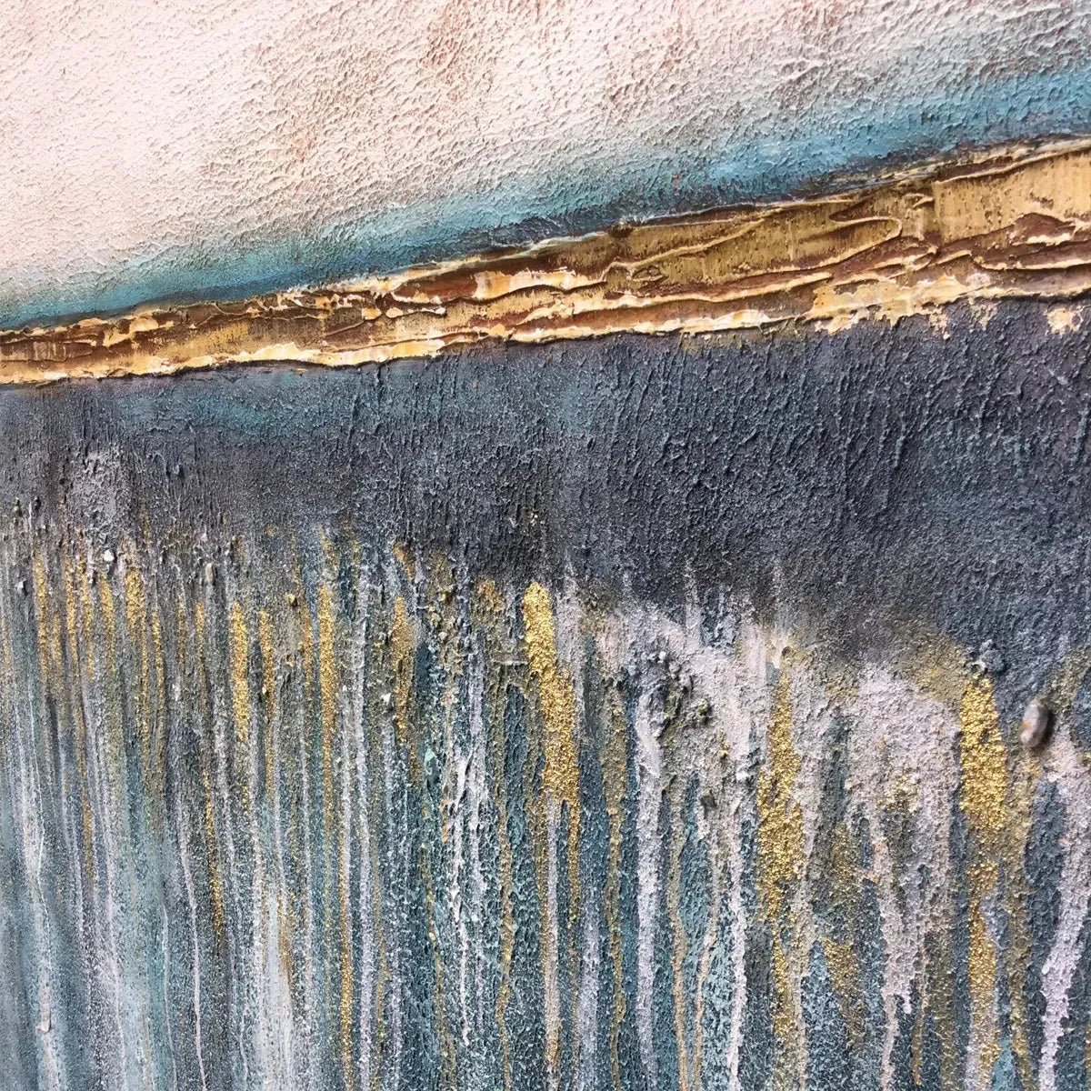 GOLDEN HORIZON: Panoramic Abstract Oil Painting with Gold and Blue | rectangular format, hand-painted canvas edge