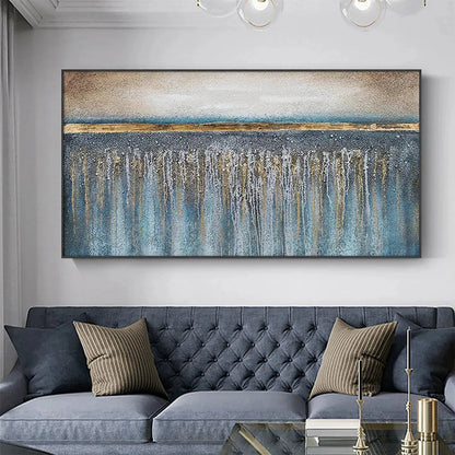 GOLDEN HORIZON: Panoramic Abstract Oil Painting with Gold and Blue | gold frame stretched on neutral wall