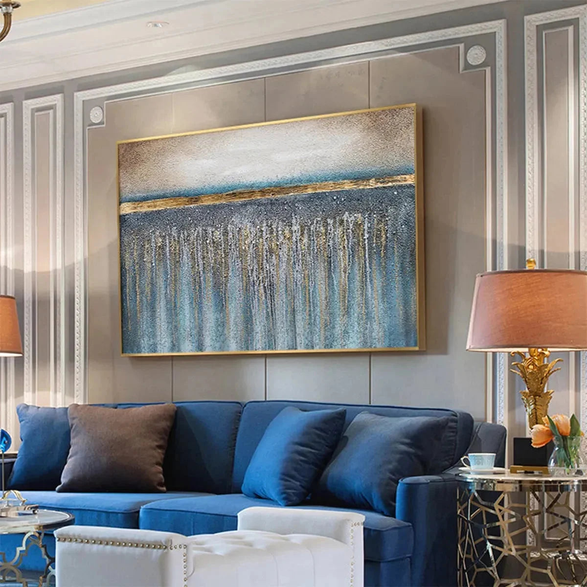 GOLDEN HORIZON: Panoramic Abstract Oil Painting with Gold and Blue | rolled canvas, ready for custom framing