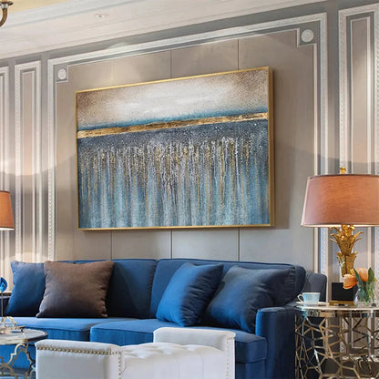 GOLDEN HORIZON: Panoramic Abstract Oil Painting with Gold and Blue | rolled canvas, ready for custom framing