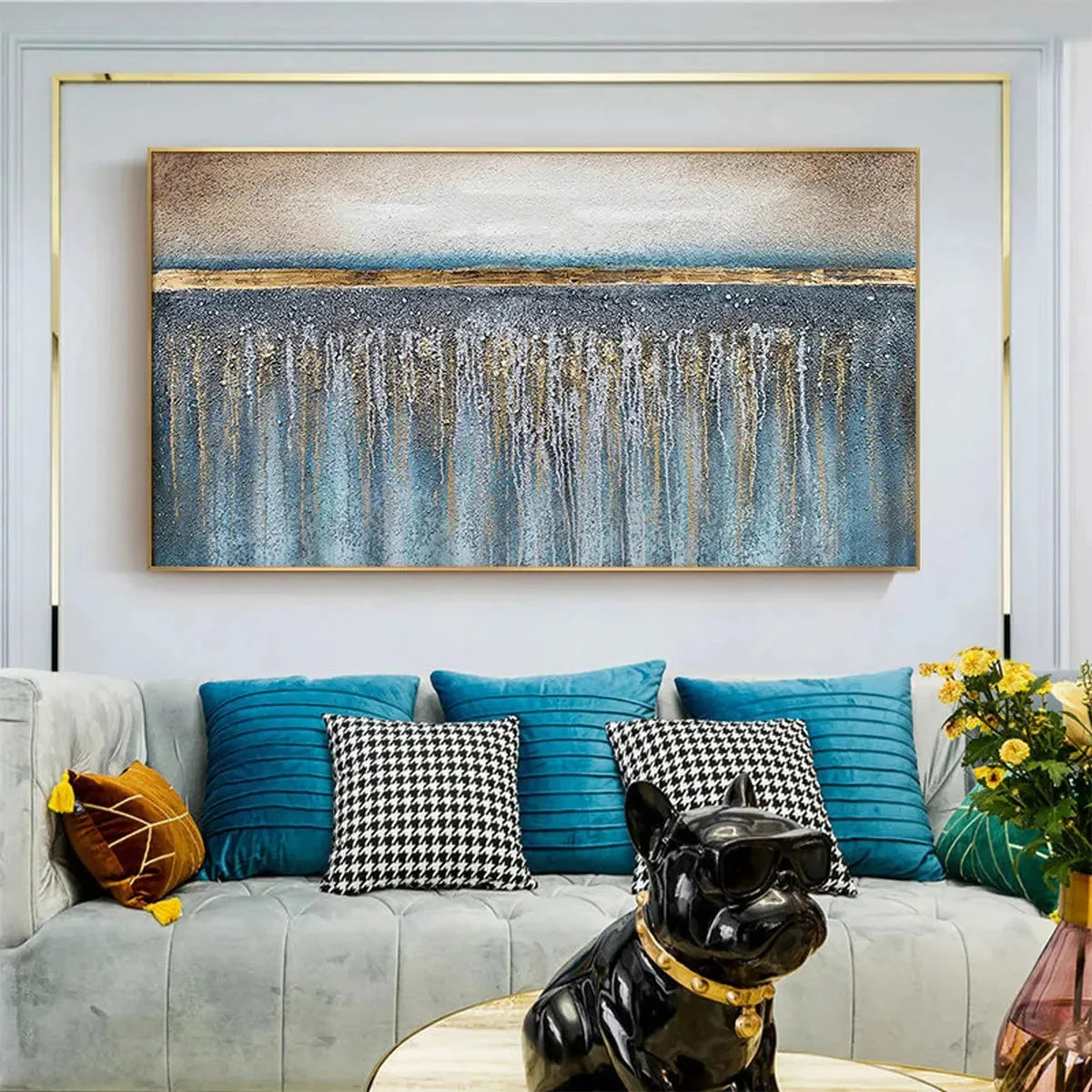 GOLDEN HORIZON: Panoramic Abstract Oil Painting with Gold and Blue | black frame version on white wall