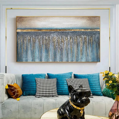 GOLDEN HORIZON: Panoramic Abstract Oil Painting with Gold and Blue | black frame version on white wall