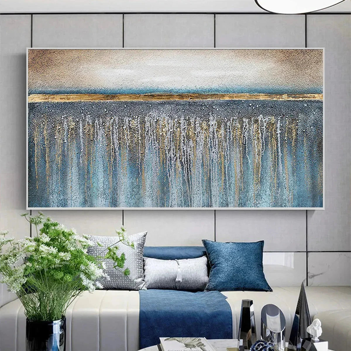 GOLDEN HORIZON: Panoramic Abstract Oil Painting with Gold and Blue | Abstract mood, soft natural light studio shot