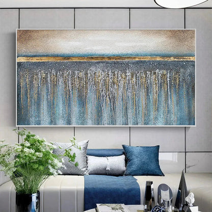 GOLDEN HORIZON: Panoramic Abstract Oil Painting with Gold and Blue | Abstract mood, soft natural light studio shot