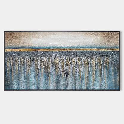 GOLDEN HORIZON: Panoramic Abstract Oil Painting with Gold and Blue | hanging in living room, Abstract wall art