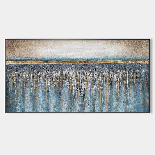 GOLDEN HORIZON: Panoramic Abstract Oil Painting with Gold and Blue | hanging in living room, Abstract wall art